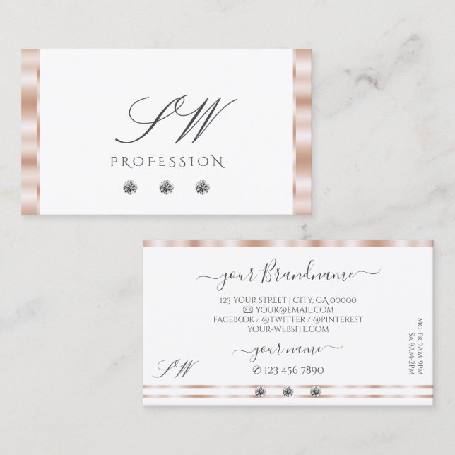 Luxury Rose Gold White Sparkling Jewels Monogram Business Card (Front/Back)