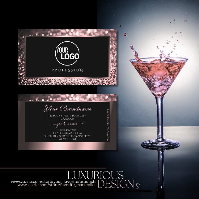 Luxury Rose Pink Black Sparkling Glitter with Logo Business Card (Creator Uploaded)