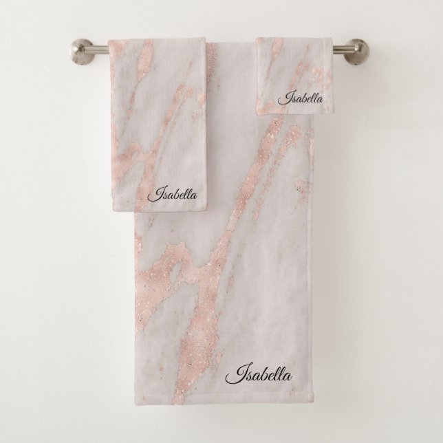 Luxury Rose Pink Blush Glitter Marble Customise Bath Towel Set (Insitu)