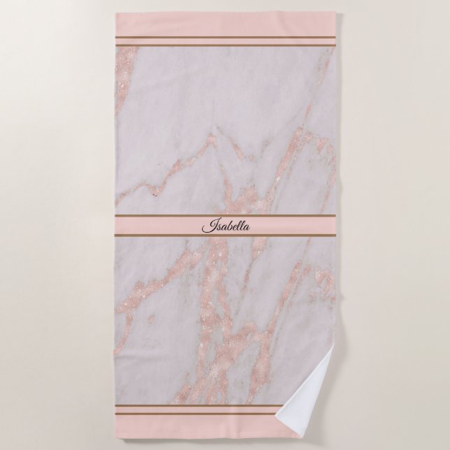 Luxury Rose Pink Blush Glitter Marble Customise Beach Towel (Front)
