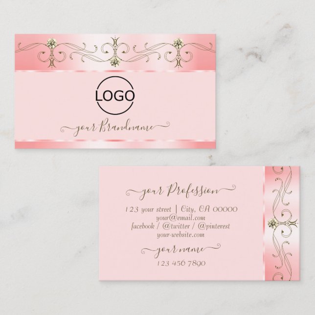Luxury Rose Pink Ornate Sparkling Jewels with Logo Business Card (Front/Back)