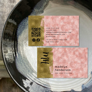 Luxury Rose Quartz Gold Brush QR Code Social Media Business Card