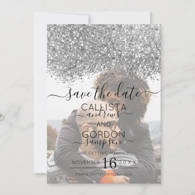 Luxury Rose Silver Glitter Confetti Photo Wedding Save The Date (Front)