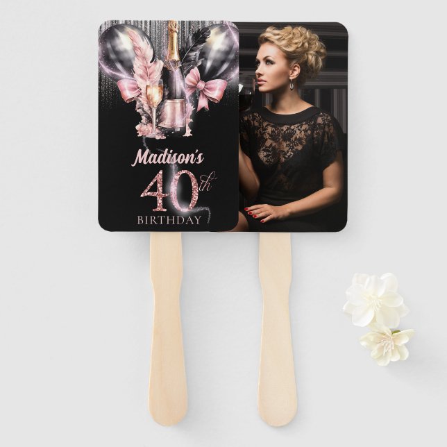 Luxury Rose Wine 40th Birthday Photo Personalised Hand Fan (Front and Back)