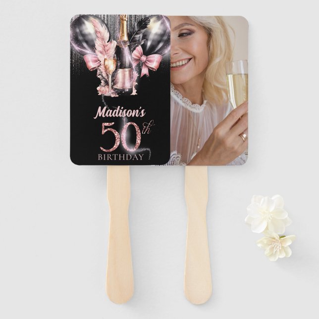 Luxury Rose Wine 50th Birthday Photo Personalised Hand Fan (Front and Back)