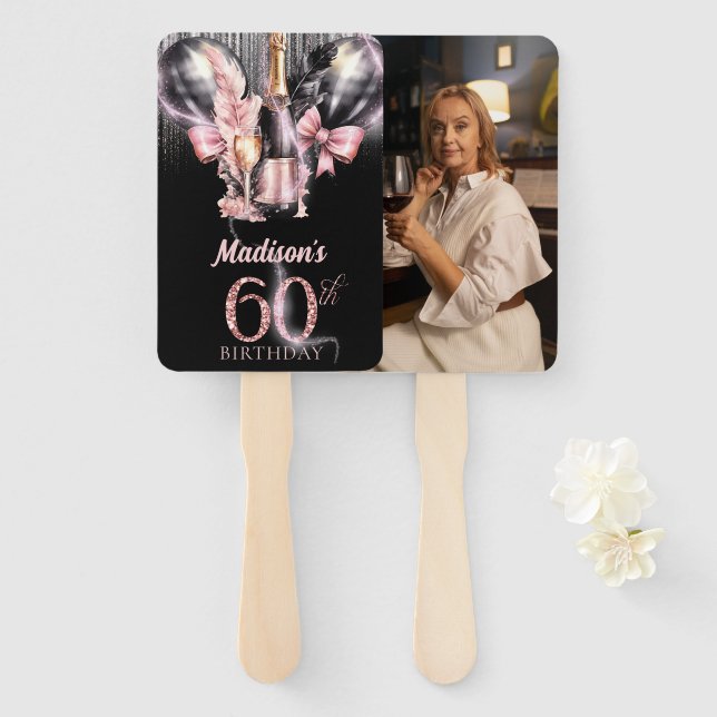 Luxury Rose Wine 60th Birthday Photo Personalised Hand Fan (Front and Back)