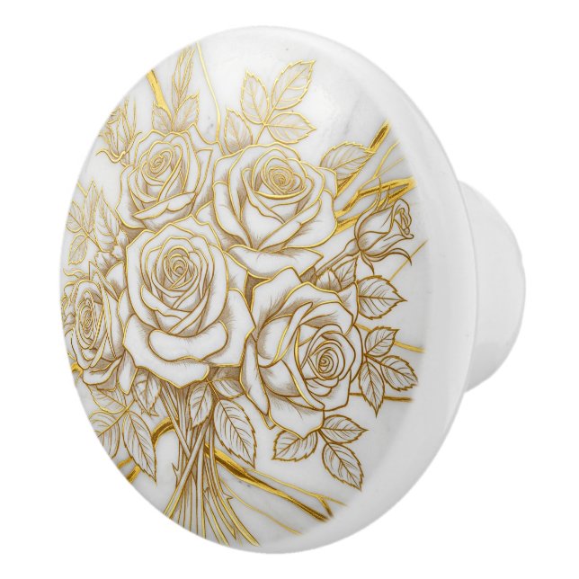 Luxury Roses Bouquet in Gold, White Marble stone Ceramic Knob (Right)