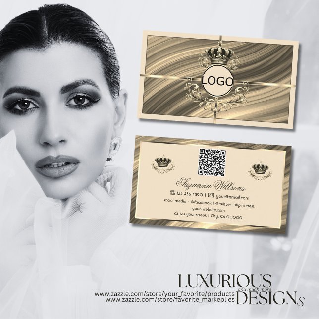 Luxury Royal Beige Gold Crown with Logo QR Code Business Card (Creator Uploaded)