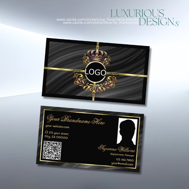  Luxury Royal Black Gold Crown Logo Photo QR Code Business Card (Creator Uploaded)