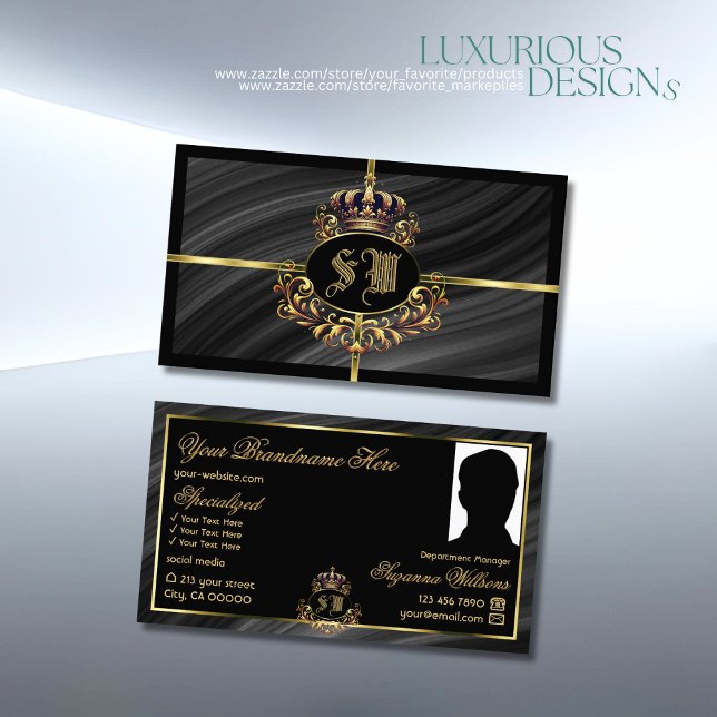 Luxury Royal Black Gold Crown with Monogram Photo Business Card (Creator Uploaded)