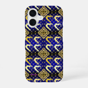 Luxury Royal Blue and Gold Hearts iPhone 16 Case