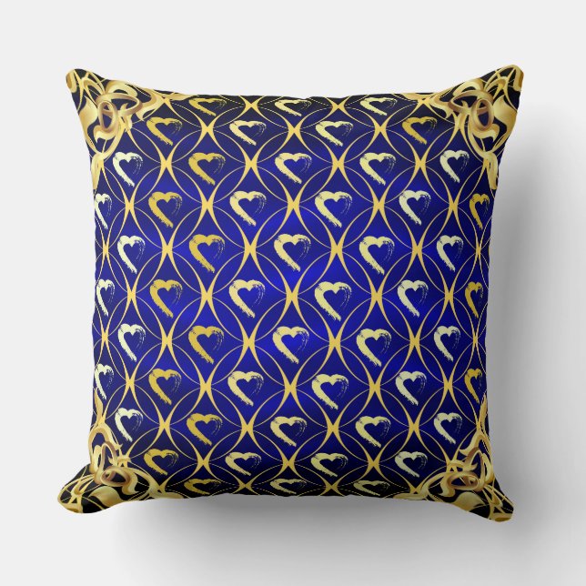 Luxury Royal Blue and Gold Hearts Pillow (Front)
