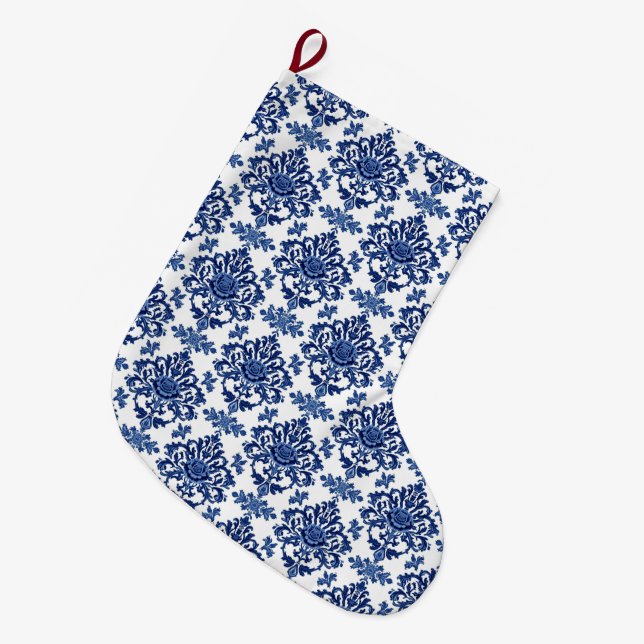 Luxury Royal Blue and White Baroque Floral Pattern Large Christmas Stocking (Front (Hanging))