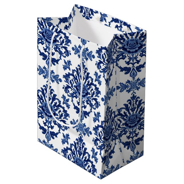Luxury Royal Blue and White Baroque Floral Pattern Medium Gift Bag (Front Angled)