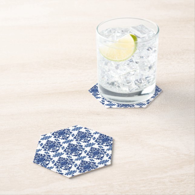 Luxury Royal Blue and White Baroque Floral Pattern Paper Coaster (Insitu)