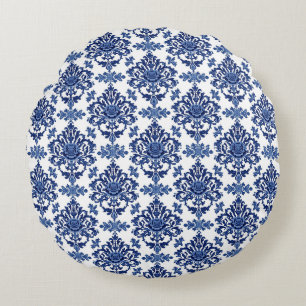 Luxury Royal Blue and White Baroque Floral Pattern Round Cushion