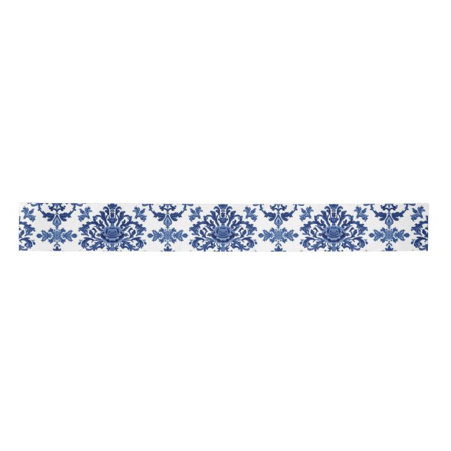 Luxury Royal Blue and White Baroque Floral Pattern Satin Ribbon (Front)