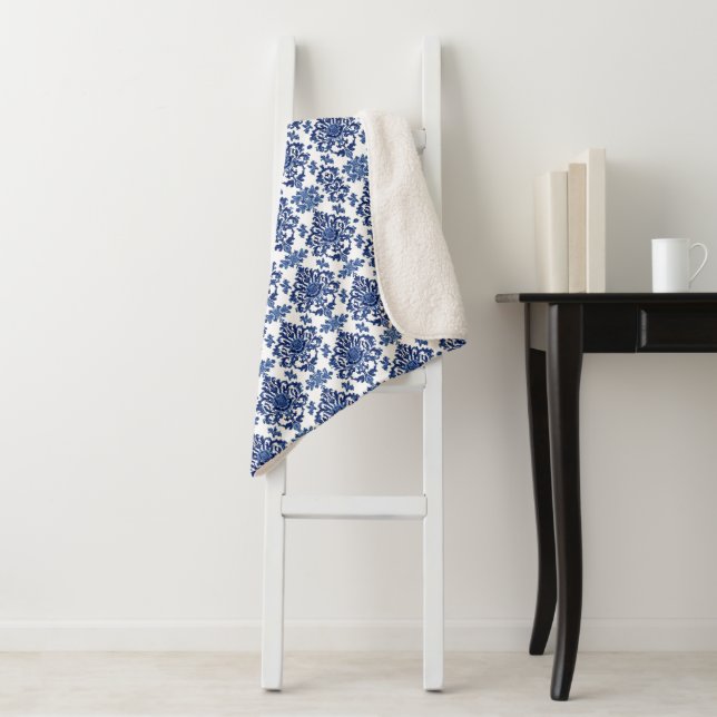 Luxury Royal Blue and White Baroque Floral Pattern Sherpa Blanket (In Situ)