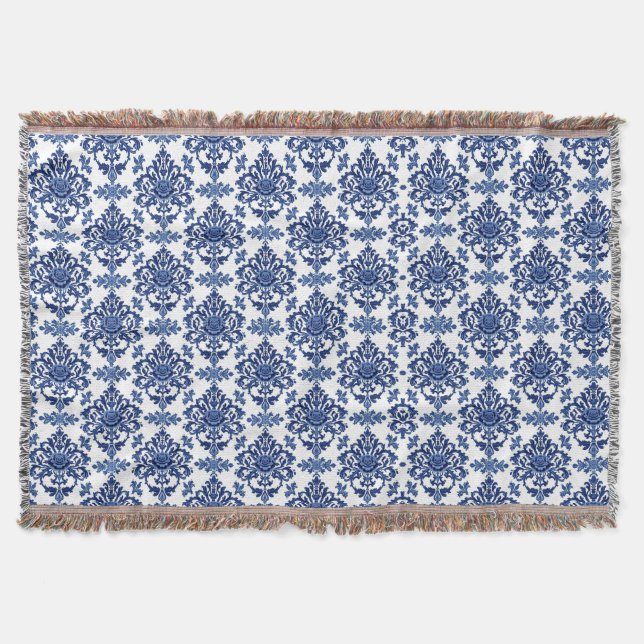 Luxury Royal Blue and White Baroque Floral Pattern Throw Blanket (Front)