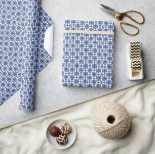Luxury Royal Blue and White Baroque Floral Pattern Wrapping Paper