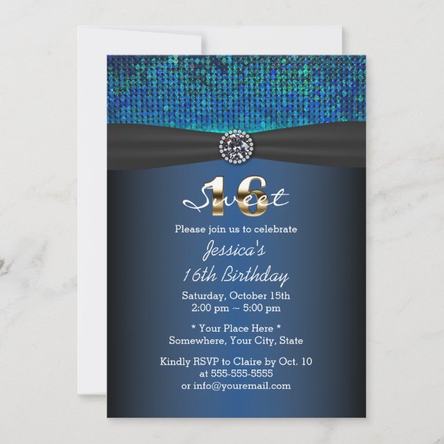 Luxury Royal Blue Black Ribbon Sweet 16 Invitation (Front)