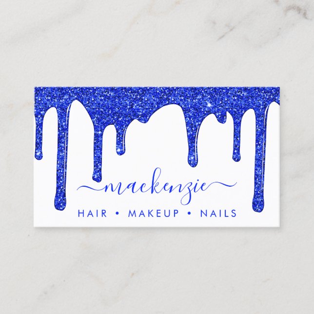 Luxury Royal Blue Dripping Glitter Business Card (Front)