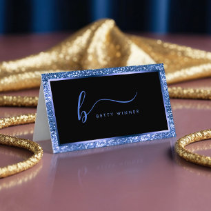 Luxury Royal Blue Glitter Frame Script Monogram Business Card