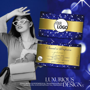 Luxury Royal Blue Glitter Sparkle Stars Logo Gold Business Card