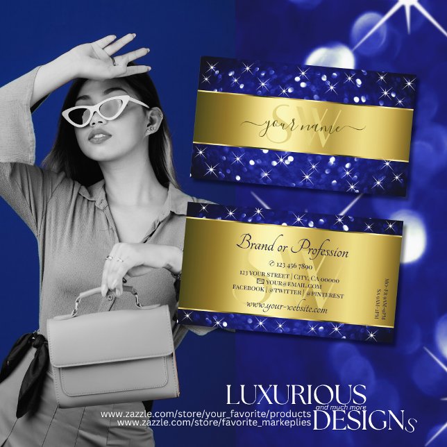 Luxury Royal Blue Glitter Stars Gold and Monogram Business Card (Creator Uploaded)