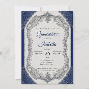 Luxury Royal Blue Silver Quinceañera Invitation