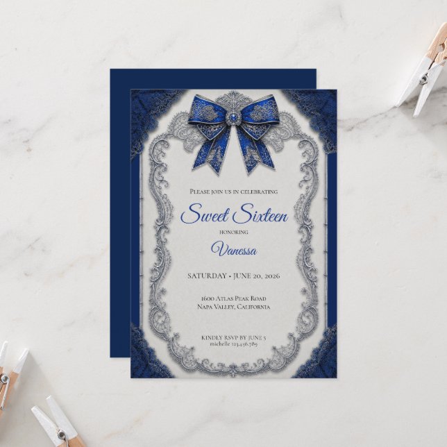 Luxury Royal Blue Silver Sweet 16 Invitation (Front/Back In Situ)