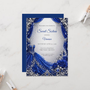 Luxury Royal Blue Silver Sweet 16 Invitation