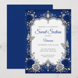 Luxury Royal Blue Silver Sweet 16 Invitation