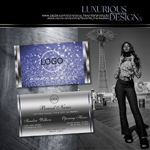 Luxury Royal Blue Sparkle Glitter add Logo Silver Business Card
