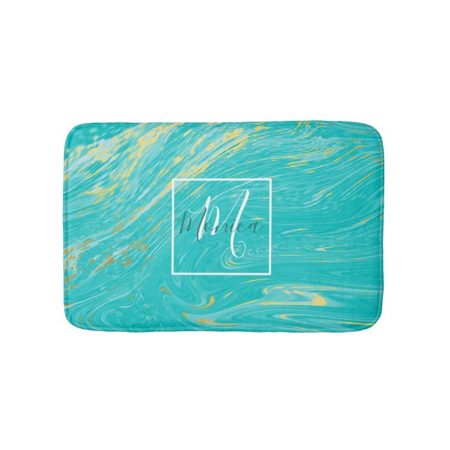 Luxury royal elegant Marble Gold Blue monogram Bath Mat (Front)
