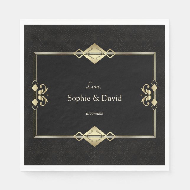 Luxury Royal Gold Black Art Deco 1920s Wedding  Napkin (Front)