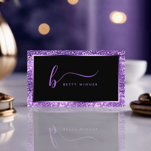 Luxury Royal Purple Glitter Modern Script Monogram Business Card