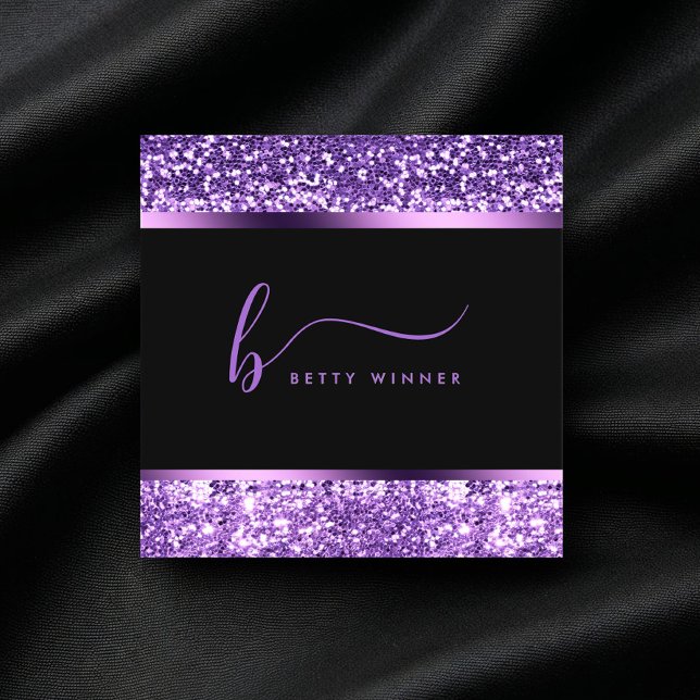 Luxury Royal Purple Glitter Modern Script Monogram Square Business Card (Creator Uploaded)