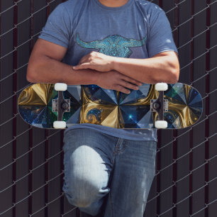 Luxury Ruby Blue Gold Marble Geometric Skateboard