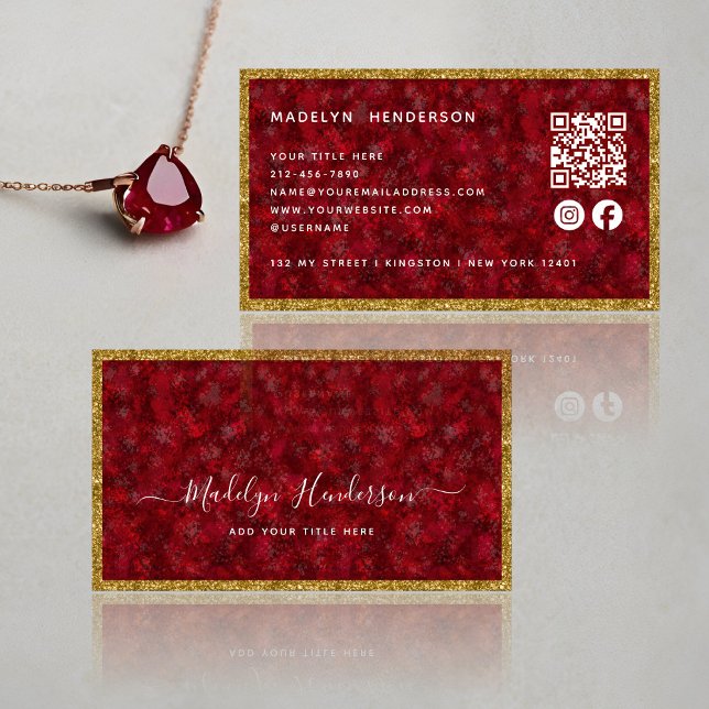 Luxury Ruby Gold Frame QR Code Social Media Icons Business Card (Creator Uploaded)
