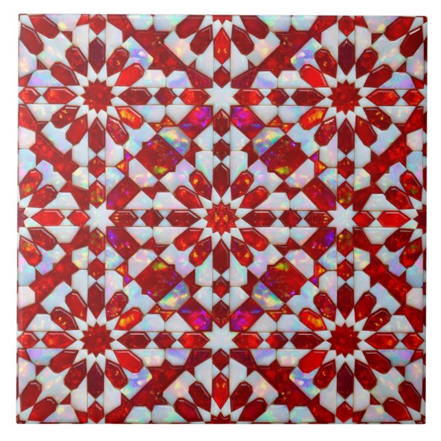 Luxury Ruby Red and White Opal Moroccan Zellij Tile (Front)