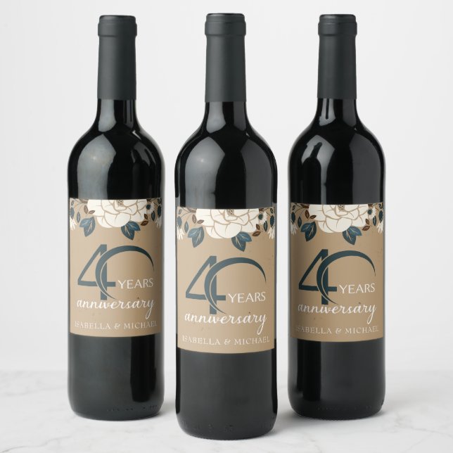 Luxury Rustic Floral 40th Wedding Anniversary Wine Label (Bottles)