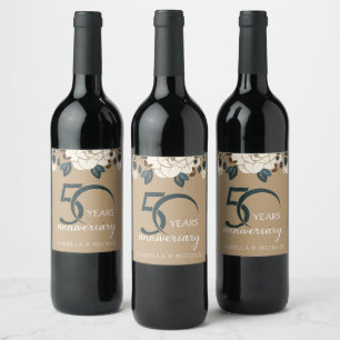 Luxury Rustic Floral 50th Wedding Anniversary Wine Label