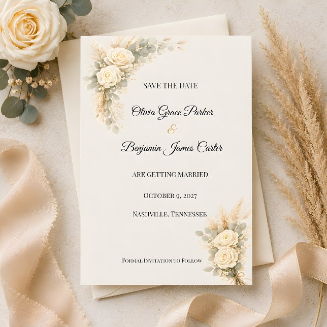 Luxury Rustic Rose With Pampas Grass   Save The Date (Part of the luxury rustic wedding themed collection, save the date card)