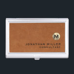 Luxury Sable Brown Leather Gold Monogram Business Card Holder<br><div class="desc">Simple modern design with luxury brushed metallic gold monogram medallion with personalised name and title or custom text below in classic block typography on a sable brown leather textured background. Personalise for your custom use.</div>