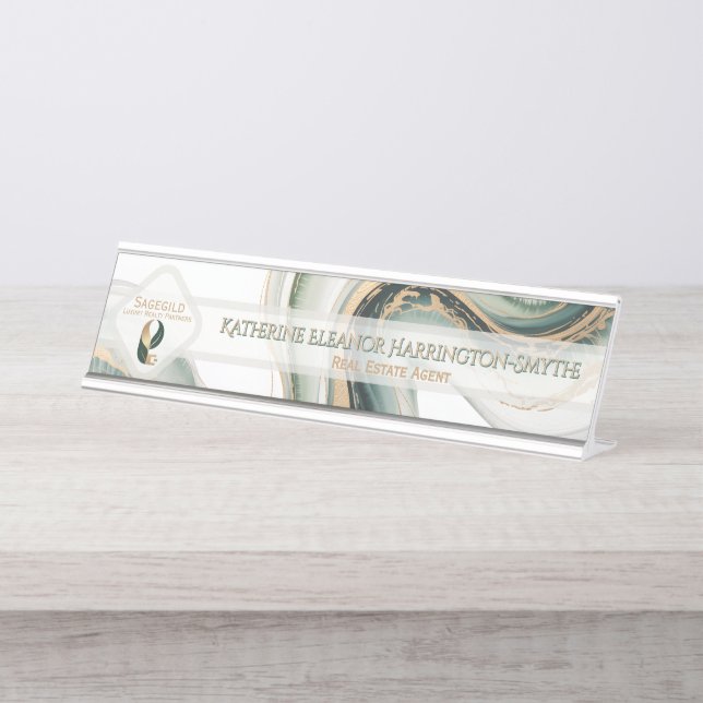 Luxury Sage Gold Marble Sleek Realtor Office Logo  Desk Name Plate (Front)