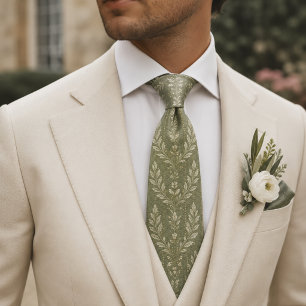 Luxury Sage Green Botanical Ivory Laurel Jacquard Tie