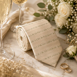 Luxury Sage Green Botanical Stripe Champagne Linen Tie