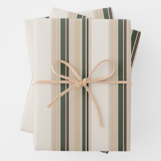 Luxury Sage Green Neutral Stripe Linen Wrapping Paper Sheet