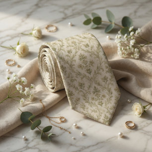 Luxury Sage Green Toile de Jouy Floral Jacquard Tie